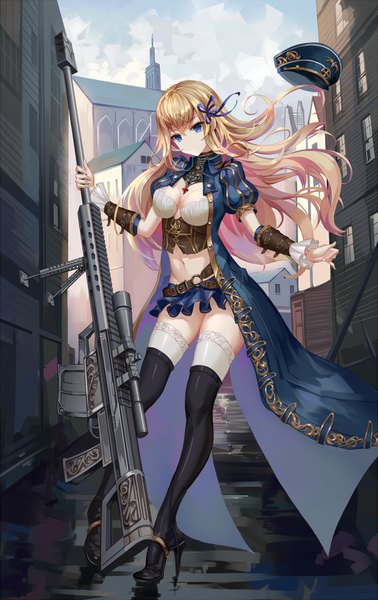 Anime picture 945x1500 with original aaeru single long hair tall image looking at viewer fringe blue eyes light erotic blonde hair sky cloud (clouds) full body outdoors short sleeves high heels puffy sleeves floating hair hat removed girl