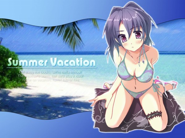 Anime picture 1600x1200 with highres short hair light erotic red eyes purple hair wallpaper beach kneeling text english swimsuit bikini sandals