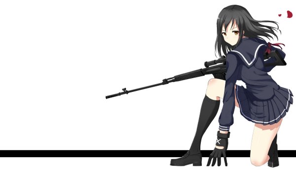 Anime picture 2500x1435 with vblue single long hair fringe highres black hair wide image holding looking away pleated skirt looking back girl skirt gloves uniform weapon school uniform miniskirt petals black gloves
