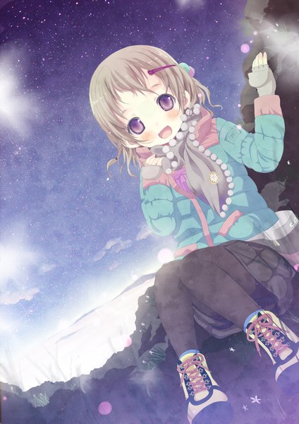 Anime picture 2893x4092 with original shiro (octet) single tall image blush highres short hair open mouth blonde hair smile sitting purple eyes sky single braid pale skin girl skirt gloves hair ornament pantyhose