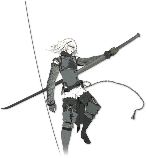 Anime picture 1601x1727 with nier nier (young) single tall image short hair blue eyes simple background white background holding white hair lacing boy gloves weapon sword armor fur chain huge weapon huge sword