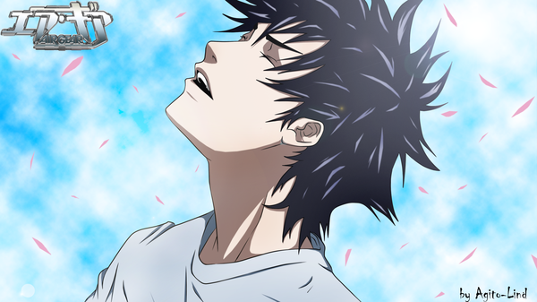Anime picture 2386x1342 with air gear toei animation minami itsuki aagito single highres short hair open mouth black hair wide image sky cloud (clouds) eyes closed inscription coloring face boy petals