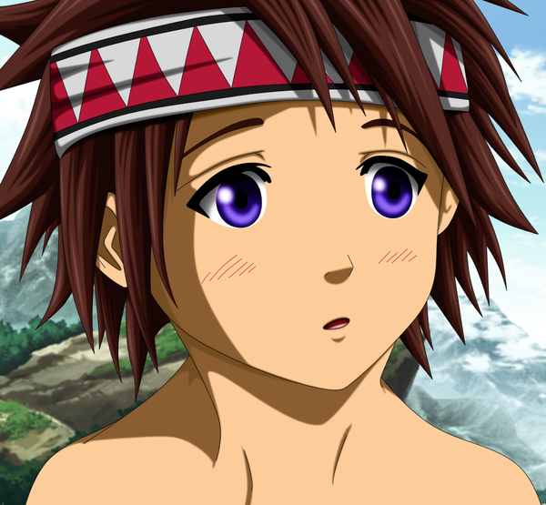 Anime picture 1000x925 with the red soul kiron (the red soul) flowerinhell single blush short hair open mouth brown hair purple eyes sky cloud (clouds) boy plant (plants) tongue grass bandana