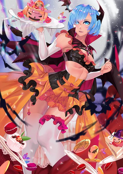 Anime picture 636x900 with re:zero kara hajimeru isekai seikatsu white fox rem (re:zero) shei99 single tall image looking at viewer fringe short hair open mouth blue eyes light erotic blue hair halloween head wings girl thighhighs dress detached sleeves white thighhighs