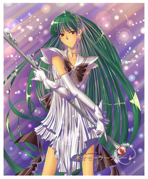 Anime picture 1024x1240 with bishoujo senshi sailor moon toei animation meiou setsuna sailor pluto neo sailor kaminary single long hair tall image smile red eyes border girl dress gloves bow elbow gloves staff