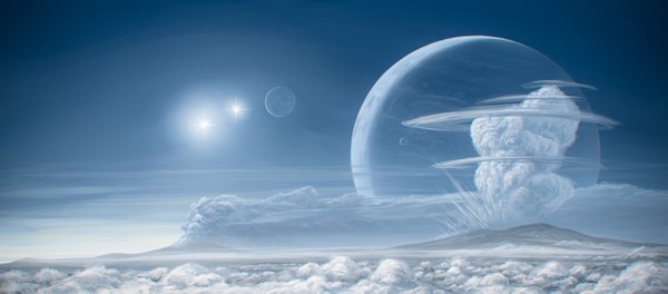 Anime picture 1511x667 with original justinas vitkus justv23 vitkusan wide image sky cloud (clouds) mountain moon star (stars) planet