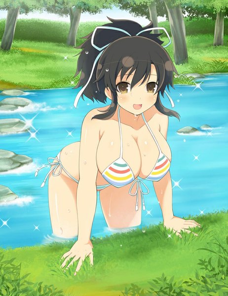 Anime picture 616x800 with senran kagura asuka (senran kagura) yaegashi nan single tall image fringe short hair breasts light erotic black hair large breasts brown eyes wet leaning leaning forward shiny rock lake girl swimsuit