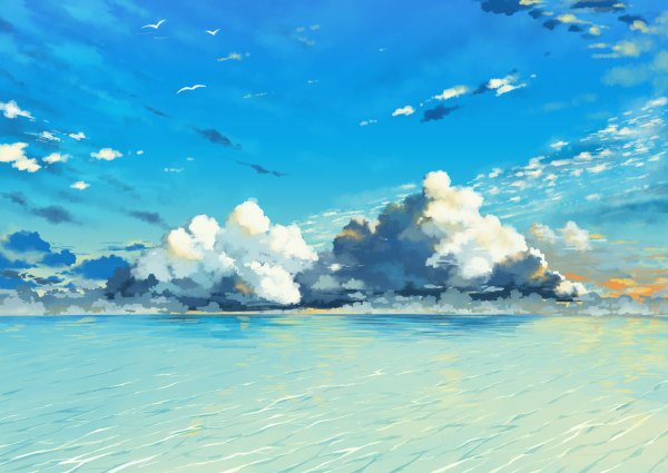 Anime picture 1200x850 with original rugo sky cloud (clouds) no people landscape animal water sea bird (birds)