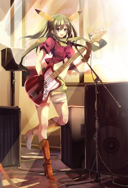 Anime picture 1600x2344 with original kagura kurosaki single long hair tall image blush open mouth blue eyes smile green hair sunlight girl scarf thigh boots microphone wire (wires) guitar microphone stand speakers bass guitar
