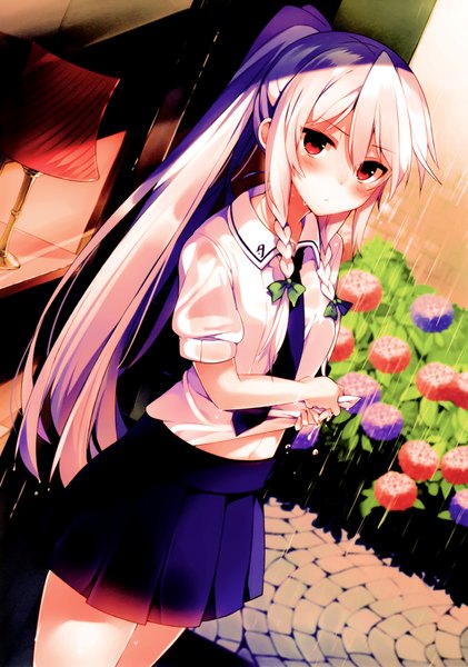 Anime picture 2454x3500 with mishima kurone single long hair tall image looking at viewer blush highres red eyes white hair braid (braids) pleated skirt scan twin braids rain wet clothes wringing clothes girl skirt flower (flowers) miniskirt