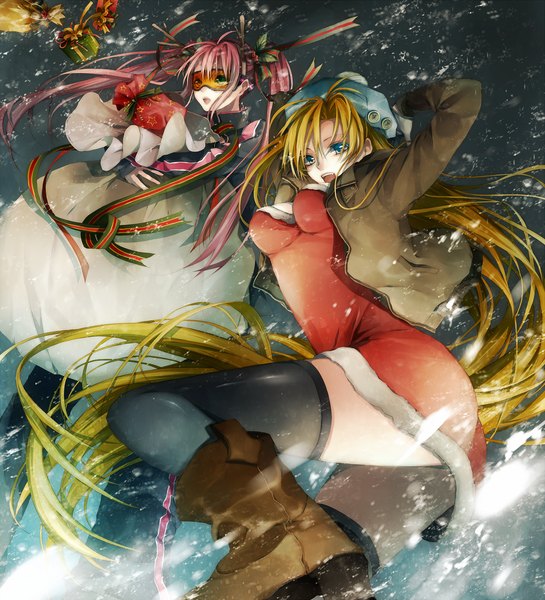 Anime picture 1500x1650 with original tsukioka tsukiho long hair tall image highres open mouth blue eyes light erotic blonde hair twintails multiple girls pink hair very long hair wind heterochromia snowing christmas winter girl thighhighs