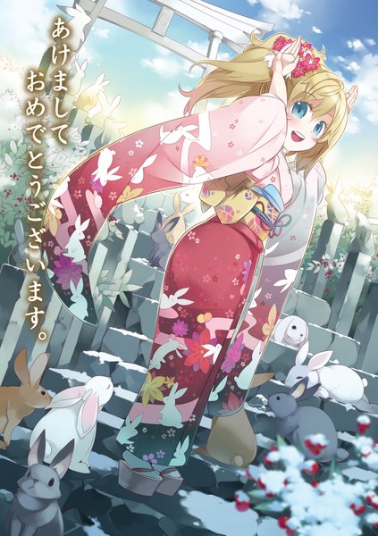 Anime picture 2889x4093 with bishojo eshi 50-nin haruse hiroki single long hair tall image looking at viewer highres open mouth blue eyes blonde hair smile traditional clothes japanese clothes inscription dutch angle hieroglyph winter snow animal print bunny print