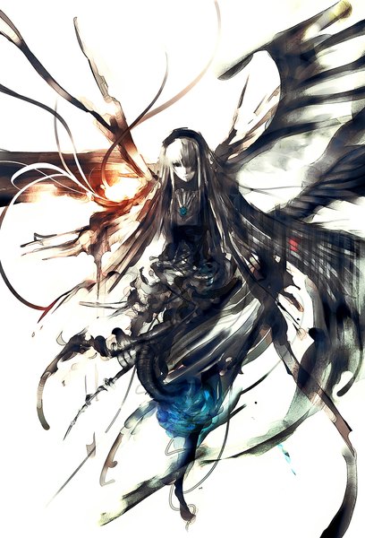 Anime picture 800x1175 with rozen maiden suigintou iori (yakata-bako) single long hair tall image looking at viewer fringe simple background white background silver hair black eyes hair over one eye black wings abstract girl dress hair ornament wings headdress