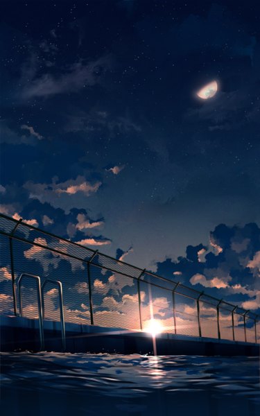 Anime picture 1920x3075 with vocaloid no.734 tall image highres sky evening sunset horizon no people water moon star (stars) sun pool