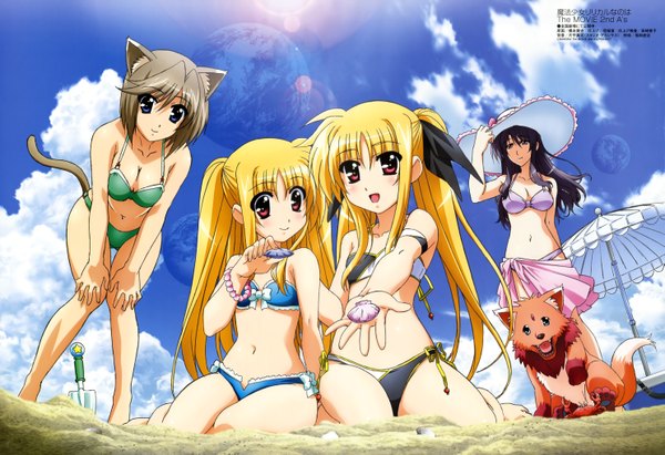Anime picture 5938x4077 with mahou shoujo lyrical nanoha megami magazine fate testarossa arf alicia testarossa precia testarossa linith hashimoto takayoshi long hair highres short hair open mouth blue eyes black hair blonde hair red eyes multiple girls animal ears absurdres cloud (clouds)