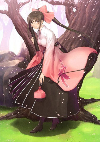 Anime picture 4383x6223 with shining (series) shining blade maxima enfield tony taka single long hair tall image looking at viewer fringe highres breasts smile brown hair standing holding brown eyes absurdres ponytail traditional clothes shadow