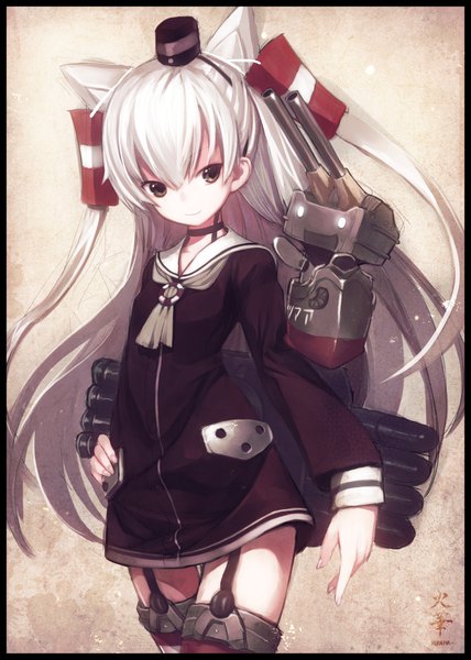 Anime picture 2976x4175 with kantai collection amatsukaze destroyer rensouhou-kun capriccio long hair tall image highres brown eyes signed silver hair light smile two side up girl thighhighs dress hair ornament hat choker garter straps short dress