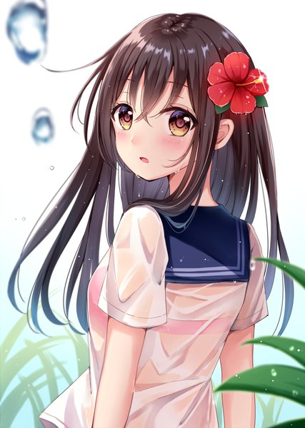 Anime picture 705x990 with original sakura hiyori single long hair tall image looking at viewer blush fringe open mouth light erotic hair between eyes brown hair brown eyes upper body looking back hair flower from behind :o depth of field wet clothes