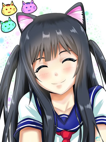 Anime picture 1200x1600 with original quixotic04 single long hair tall image blush black hair smile twintails animal ears eyes closed cat ears cat girl girl uniform school uniform