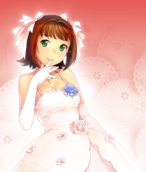Anime picture 1021x1200 with idolmaster amami haruka nekomata naomi single tall image short hair brown hair bare shoulders green eyes finger to mouth girl dress gloves flower (flowers) bow hair bow elbow gloves wedding dress