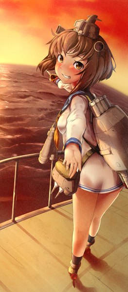 Anime picture 900x2053 with kantai collection yukikaze destroyer pekoneko single tall image looking at viewer blush short hair brown hair brown eyes teeth grin outstretched arm evening sunset transparent fisheye girl hair ornament underwear