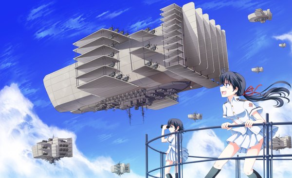 Anime picture 1800x1103 with original tri (pixiv) long hair highres short hair open mouth blue eyes black hair wide image multiple girls sky cloud (clouds) girl skirt uniform 2 girls military uniform skirt set aircraft airship