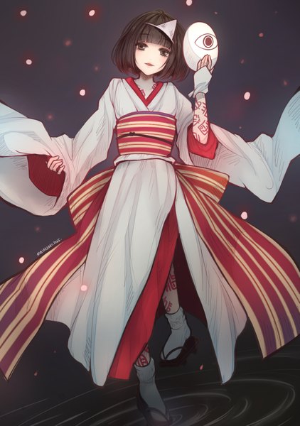Anime picture 1205x1713 with noragami studio bones nora (noragami) mst1ng single tall image looking at viewer fringe short hair black hair standing traditional clothes japanese clothes black eyes wide sleeves hieroglyph body writing girl wrist cuffs triangular headpiece
