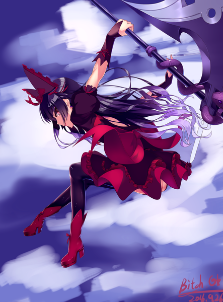 Anime picture 2480x3357 with gate - jieitai ka no chi nite kaku tatakaeri a-1 pictures rory mercury gk (pixiv14830021) single long hair tall image looking at viewer fringe highres light erotic smile red eyes holding signed payot sky purple hair cloud (clouds) full body