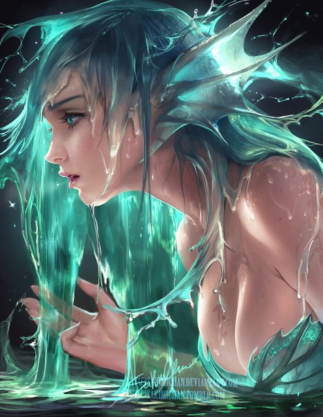 Anime picture 933x1200 with original sakimichan single long hair tall image breasts open mouth light erotic simple background bare shoulders signed looking away cleavage upper body profile aqua eyes realistic aqua hair lipstick watermark