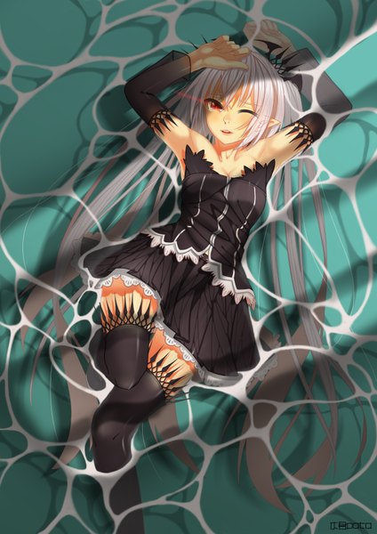 Anime picture 2480x3508 with original kikimi single tall image blush highres open mouth red eyes white hair very long hair one eye closed wink tears girl thighhighs dress black thighhighs detached sleeves water