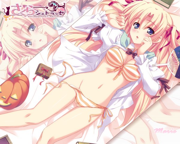 Anime picture 1280x1024 with sakura strasse marie rudel kusukusu single long hair looking at viewer blush fringe blue eyes light erotic blonde hair hair between eyes lying parted lips bare belly open shirt embarrassed copyright name hand to mouth untied