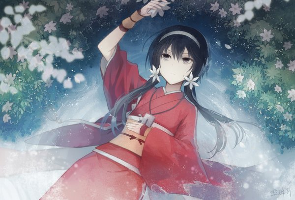 Anime picture 1052x714 with bungou stray dogs studio bones izumi kyouka (bungou stray dogs) angel31424 single long hair fringe black hair hair between eyes twintails holding looking away outdoors lying traditional clothes japanese clothes arm up hair flower black eyes blurry