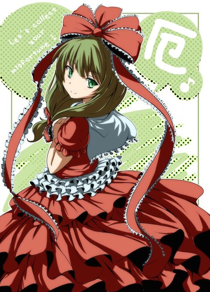 Anime picture 1133x1576 with touhou kagiyama hina single long hair tall image smile green eyes looking back green hair girl dress bow hair bow