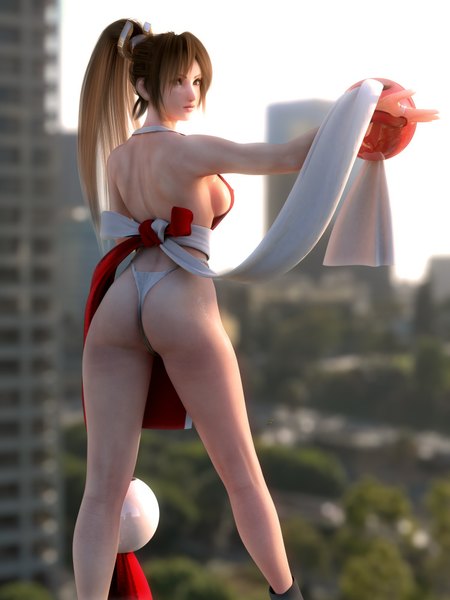 Anime picture 750x1000 with the king of fighters snk shiranui mai m-rs single long hair tall image breasts light erotic brown hair large breasts brown eyes looking away ass looking back from behind realistic sideboob outstretched arm 3d