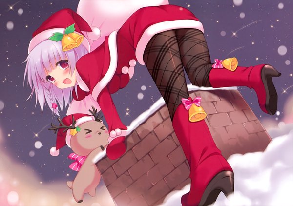 Anime picture 4257x3000 with original pan (mimi) single blush fringe highres short hair open mouth red eyes absurdres purple hair bent knee (knees) braid (braids) eyes closed dutch angle snowing christmas winter snow merry christmas