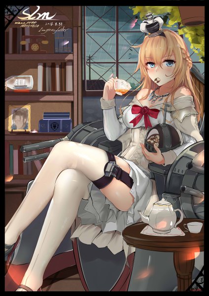 Anime picture 3507x4960 with kantai collection warspite (kantai collection) slm single long hair tall image blush highres blue eyes light erotic blonde hair absurdres crossed legs girl thighhighs dress weapon white thighhighs white dress crown