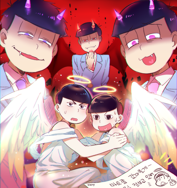 Anime picture 850x900 with osomatsu-san matsuno osomatsu matsuno karamatsu matsuno ichimatsu matsuno choromatsu matsuno todomatsu matsuno juushimatsu mery (yangmalgage) tall image short hair black hair smile red eyes purple eyes nail polish horn (horns) black eyes multiple boys fang (fangs) sweat