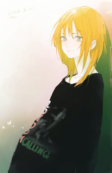 Anime picture 1000x1547 with original teyuruun single long hair tall image looking at viewer fringe blue eyes blonde hair smile inscription girl