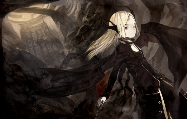 Anime picture 2283x1455 with original shirabi single long hair highres blonde hair red eyes one eye closed horn (horns) wink outstretched arm pale skin demon girl uniform weapon wings cloak cave