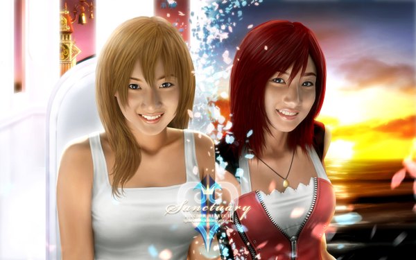Anime picture 1280x800 with kingdom hearts kingdom hearts ii square enix kairi (kingdom hearts) namine lyzeravern long hair blue eyes smile brown hair wide image multiple girls sky cloud (clouds) red hair lips sunlight realistic inscription evening