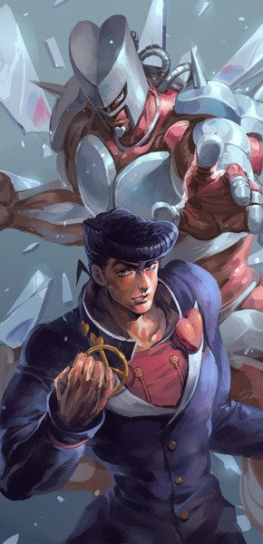 Anime picture 870x1800 with jojo no kimyou na bouken higashikata jousuke crazy diamond ruukii drift tall image looking at viewer short hair blue eyes black hair parted lips from above fighting stance stand (jojo) pompadour peace symbol boy uniform school uniform heart fist