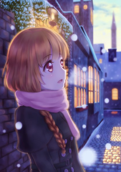 Anime picture 1000x1414 with original alba (little witches) single long hair tall image blush open mouth brown hair brown eyes looking away sky cloud (clouds) upper body outdoors braid (braids) light snowing snow exhalation girl