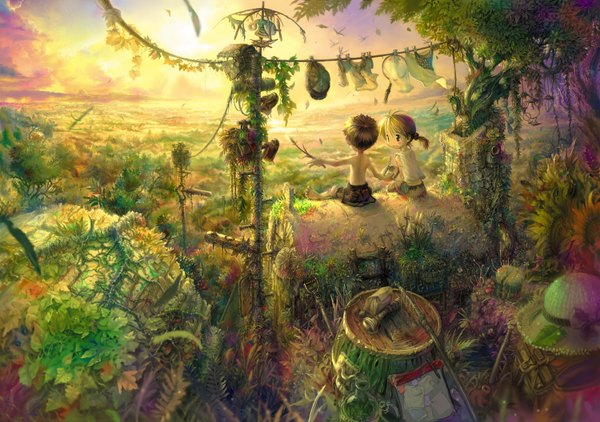 Anime picture 1500x1056 with original tsukushi akihito blonde hair smile sitting twintails evening sunset landscape scenic ruins nature girl plant (plants) tree (trees) child (children) garden laundry jungle clothesline
