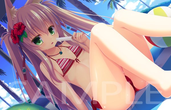 Anime picture 1885x1214 with original yuzu modoki single long hair looking at viewer fringe highres breasts open mouth light erotic brown hair sitting twintails bare shoulders green eyes animal ears ass hair flower fox ears beach