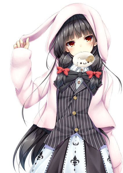 Anime picture 2150x3035 with kantai collection isokaze destroyer moeki yuuta single long hair tall image blush highres black hair simple background red eyes white background holding mouth hold tress ribbon animal hood girl dress bow ribbon (ribbons)
