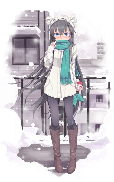 Anime picture 920x1462 with idolmaster ganaha hibiki moss (sphere211) single long hair tall image looking at viewer blush blue eyes black hair full body snowing winter snow covered mouth valentine girl boots scarf coat