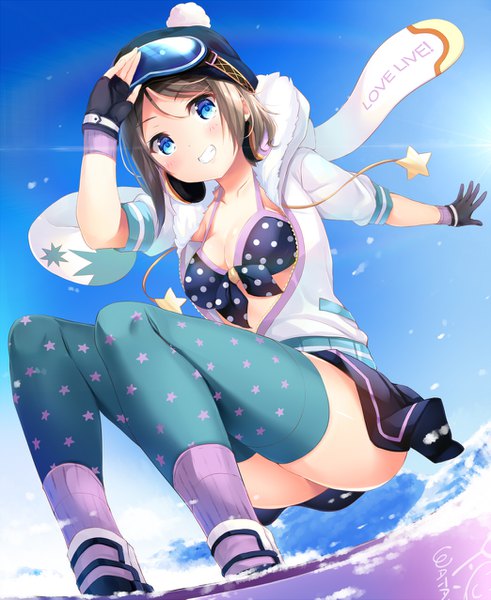 Anime picture 1044x1277 with love live! sunshine!! sunrise (studio) love live! watanabe you komone ushio single tall image looking at viewer blush fringe short hair breasts blue eyes light erotic smile brown hair sky cleavage full body bent knee (knees)