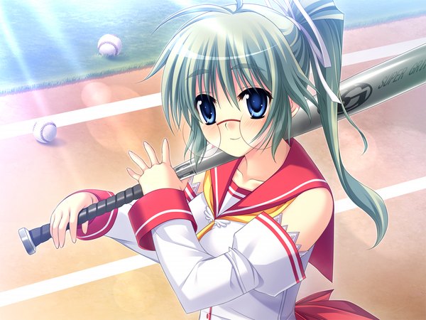 Anime picture 1024x768 with a.g.ii.d.c. hoshikawa iria long hair blue eyes game cg ponytail green hair girl glasses serafuku baseball bat