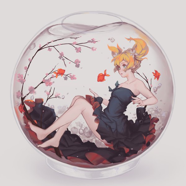 Anime picture 1280x1280 with sakura trick studio deen sonoda yuu saimon ma single short hair simple background blonde hair twintails bare shoulders green eyes full body barefoot hair flower grey background floating hair cherry blossoms short twintails underwater in container