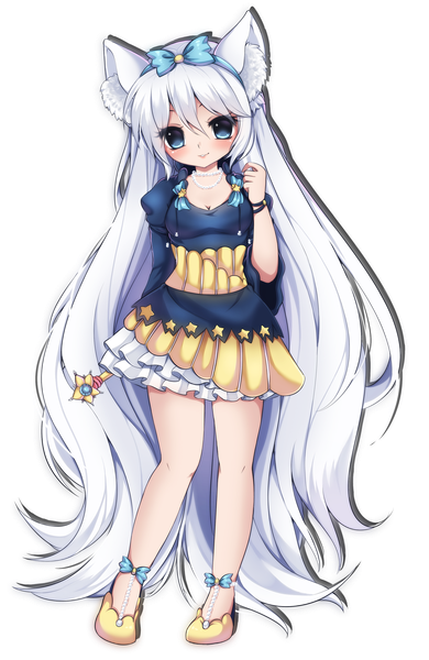 Anime picture 2120x3264 with midna01 single tall image looking at viewer blush fringe highres blue eyes animal ears white hair very long hair cat ears cat girl girl dress bow hair bow wand